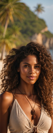 elegant, attractive, smiling dark-skinned woman on the beach with summer outfit enjoying tropical vacation. Vertical imageの素材