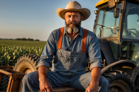 portrait of farmer next to a tractor with hat and field clothes in rural environment and outdoor workの素材
