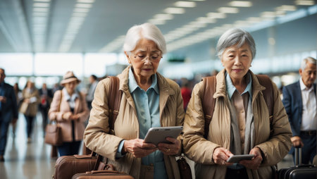 Experienced Japanese travelers, dressed in elegant and extroverted clothing, in a modern and bustling airport with luggage in hand and colleagues at their side.の素材