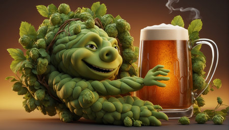 Animated image of a smiling hopscotch holding a pint of beer, great for breweries, bars and beer lovers. Captures the festive and joyful essence of beer enjoymentの素材