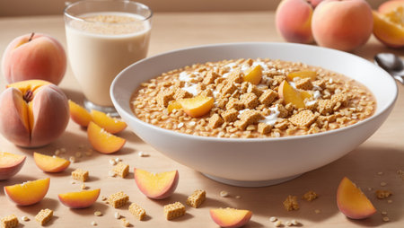 soft lighting of a breakfast with bowl of cereal with milk and pieces of fruit, suggesting a nutritious and refreshing morning mealの素材