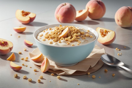 soft lighting of a breakfast with bowl of cereal with milk and pieces of fruit, suggesting a nutritious and refreshing morning mealの素材