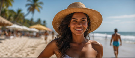 portrait of woman with Brazilian features, dark skin and long wavy hair on a beach dayの素材