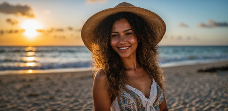 portrait of woman with Brazilian features, dark skin and long wavy hair on a beach dayの素材