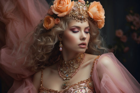 Woman in a pale pink dress, adorned with gold and pearl details, with a vintage and romantic style, with touches of belle Ã©poque. Her background is dark and faded, with what appears to be flowers in similar tones as her dress.の素材