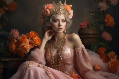 Woman in a pale pink dress, adorned with gold and pearl details, with a vintage and romantic style, with touches of belle Ã©poque. Her background is dark and faded, with what appears to be flowers in similar tones as her dress.の素材