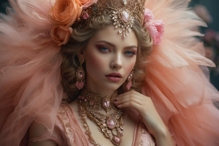 Woman in a pale pink dress, adorned with gold and pearl details, with a vintage and romantic style, with touches of belle Ã©poque. Her background is dark and faded, with what appears to be flowers in similar tones as her dress.の素材