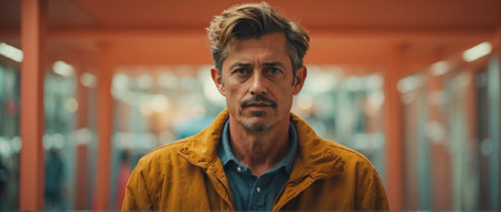 portrait of person looking directly at camera with predominant yellow-orange tonesの素材