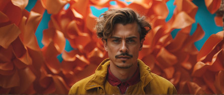 portrait of person looking directly at camera with predominant yellow-orange tonesの素材
