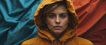 portrait of person looking directly at camera with predominant yellow-orange tonesの素材