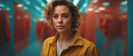 portrait of person looking directly at camera with predominant yellow-orange tonesの素材