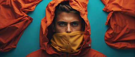 portrait of person looking directly at camera with predominant yellow-orange tonesの素材