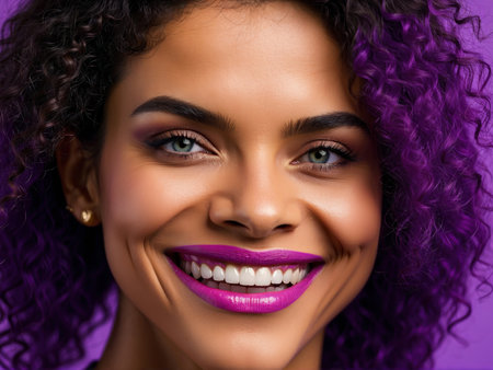 Close-up of girl with purple curls, suggests creativity and individuality. Ideal for fashion, beauty and alternative styles. The composition allows versatile use in design projectsの素材
