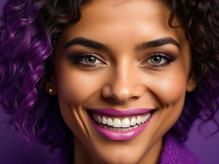 Close-up of girl with purple curls, suggests creativity and individuality. Ideal for fashion, beauty and alternative styles. The composition allows versatile use in design projectsの素材