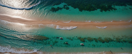 An aerial view reveals a paradise beach, where turquoise waters meet white sand. The waves dance gently, creating a hypnotic spectacle of natural beautyの素材