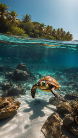 sea turtle under the transparent sea, swimming through a tropical paradise on a sunny dayの素材