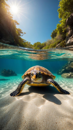 sea turtle under the transparent sea, swimming through a tropical paradise on a sunny dayの素材