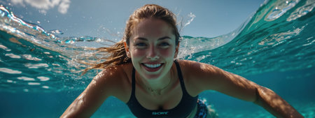 cheerful person submerged in a sea of crystal clear water, enjoying summer vacation in a paradiseの素材
