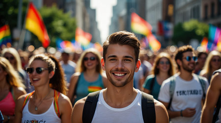 A group of smiling people take part in a colorful LGBTQ+ Pride parade, carrying rainbow flags and marching through the streets, celebrating diversity, inclusion and loveの素材
