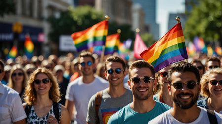 A group of smiling people take part in a colorful LGBTQ+ Pride parade, carrying rainbow flags and marching through the streets, celebrating diversity, inclusion and loveの素材
