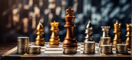A set of chess pieces, with a king prominently displayed, with stacks of coins and with more chess pieces. A competitive atmosphere symbolizing power, strategy and wealth.の素材