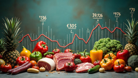 Conceptual image depicting inflation and rising food prices, featuring fresh vegetables, fruits, and meat with economic growth charts in the background.の素材