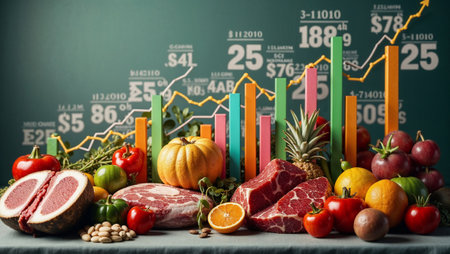 Conceptual image depicting inflation and rising food prices, featuring fresh vegetables, fruits, and meat with economic growth charts in the background.の素材