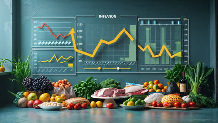 Conceptual image depicting inflation and rising food prices, featuring fresh vegetables, fruits, and meat with economic growth charts in the background.の素材