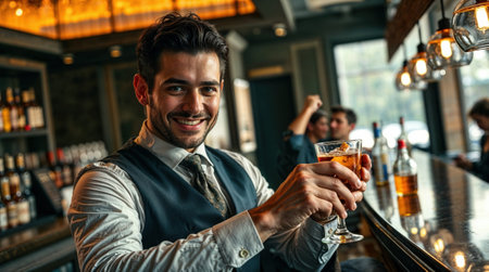 A stylishly dressed person holds a glass of orange cocktail with ice cubes in a lively bar setting. The background showcases bottles, hanging lights, and another individual enjoying a drink, highlighting the sophisticated ambiance and social vibe of the establishment.の素材