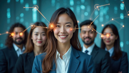 Diverse business team in a modern office, symbolizing teamwork, leadership, and a strong professional network. Perfect for themes of success & innovation.の素材