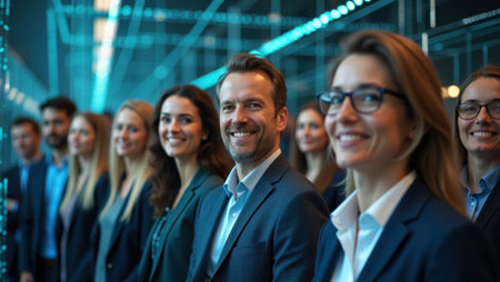 Diverse business team in a modern office, symbolizing teamwork, leadership, and a strong professional network. Perfect for themes of success & innovation.の素材