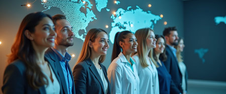 Diverse business team in a modern office, symbolizing teamwork, leadership, and a strong professional network. Perfect for themes of success & innovation.の素材