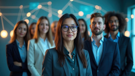 Diverse business team in a modern office, symbolizing teamwork, leadership, and a strong professional network. Perfect for themes of success & innovation.の素材