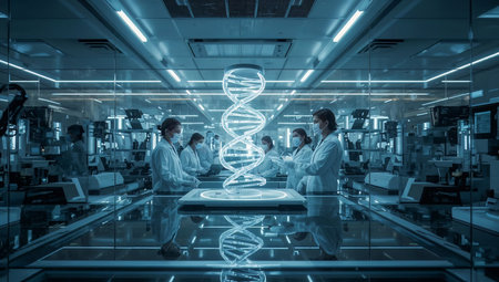 Futuristic biotech lab with scientists and a holographic DNA helix. Represents advanced genetic research, innovation, and future medical technology.の素材