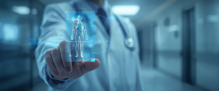 Doctor uses a futuristic touch interface to interact with a holographic human body scan, symbolizing advanced medical technology, digital health, and diagnosis.の素材