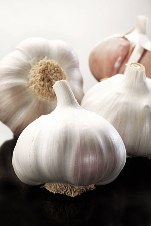 Several white garlic bulbs on a dark backgroundの写真素材