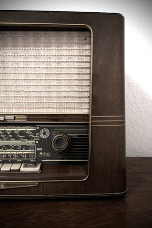 Vintage radio in detail on wooden dresserの写真素材