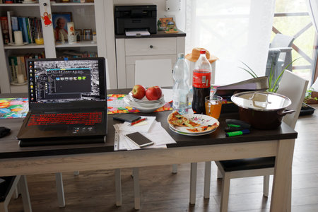 Table with notebook at home officeの写真素材