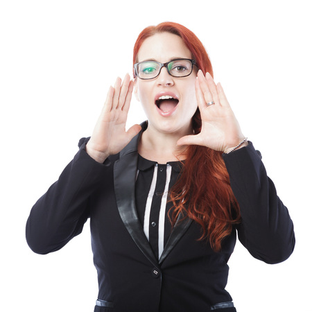 young beautiful business woman shout with hands on mouth, isolated on white backgroundの写真素材