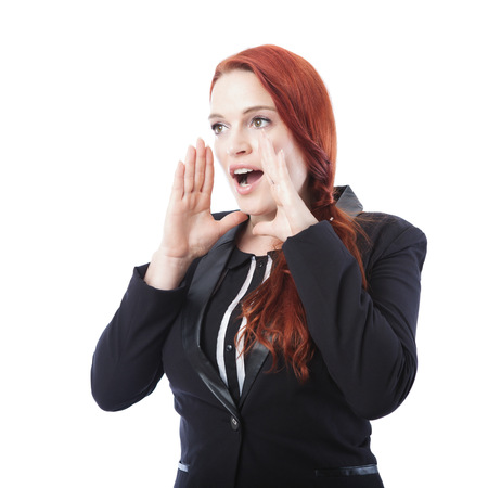 young beautiful business woman shout with hands on mouth, isolated on white backgroundの写真素材