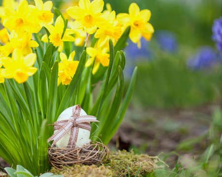 cute floral decoration with little  Easter egg outdoors in gardenの写真素材