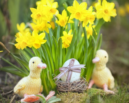 cute floral decoration with little hand made duck and Easter egg outdoors in gardenの写真素材