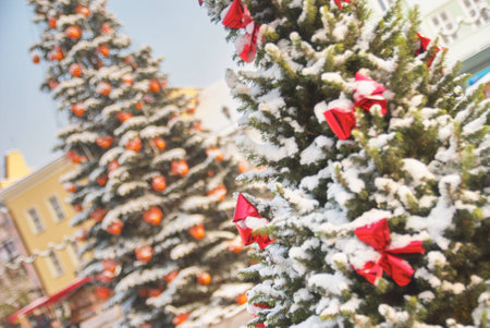 Large and natural outdoor Christmas tree with red bows during a sunny dayの写真素材