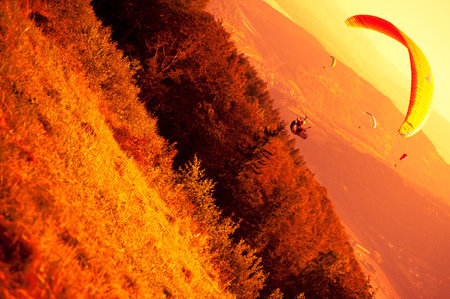 Paraglider flying at Zar Mountain Bielskoの写真素材