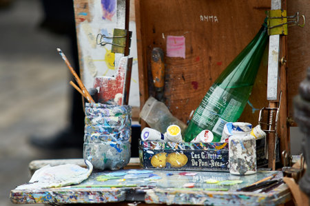 A street artist sells paints on the street.の写真素材