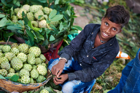 Young woman selling custard apples at a fruit market in India.