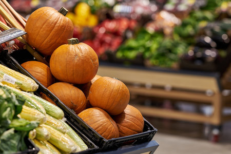 Fresh pumpkins and corn on the counter of the grocery store.の写真素材