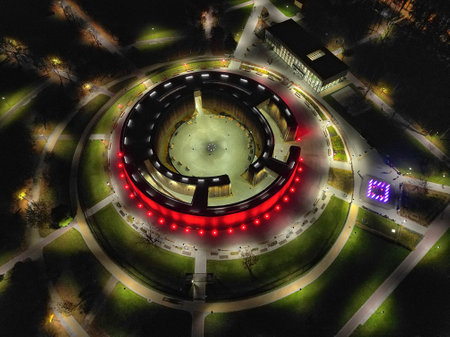 3d rendering of a futuristic city at night with lights and space for textの写真素材