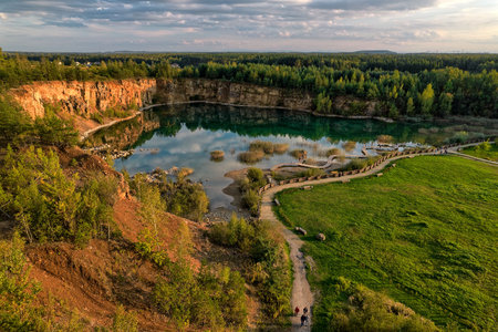 Panoramic view of the lake in the quarry during sunset.の写真素材