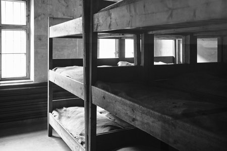 Black and white photo of a single bunk bed in an abandoned house